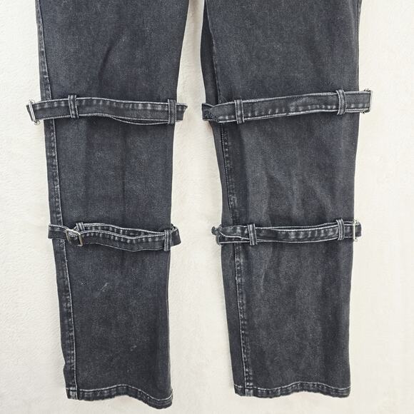MODITEC Jeans Mens 30x29 Black Denim Buckle Strap Legs Goth Whimsigoth Rave Emo - Picture 5 of 16